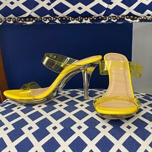 Yellow and clear lucite two strap bright heeled mules